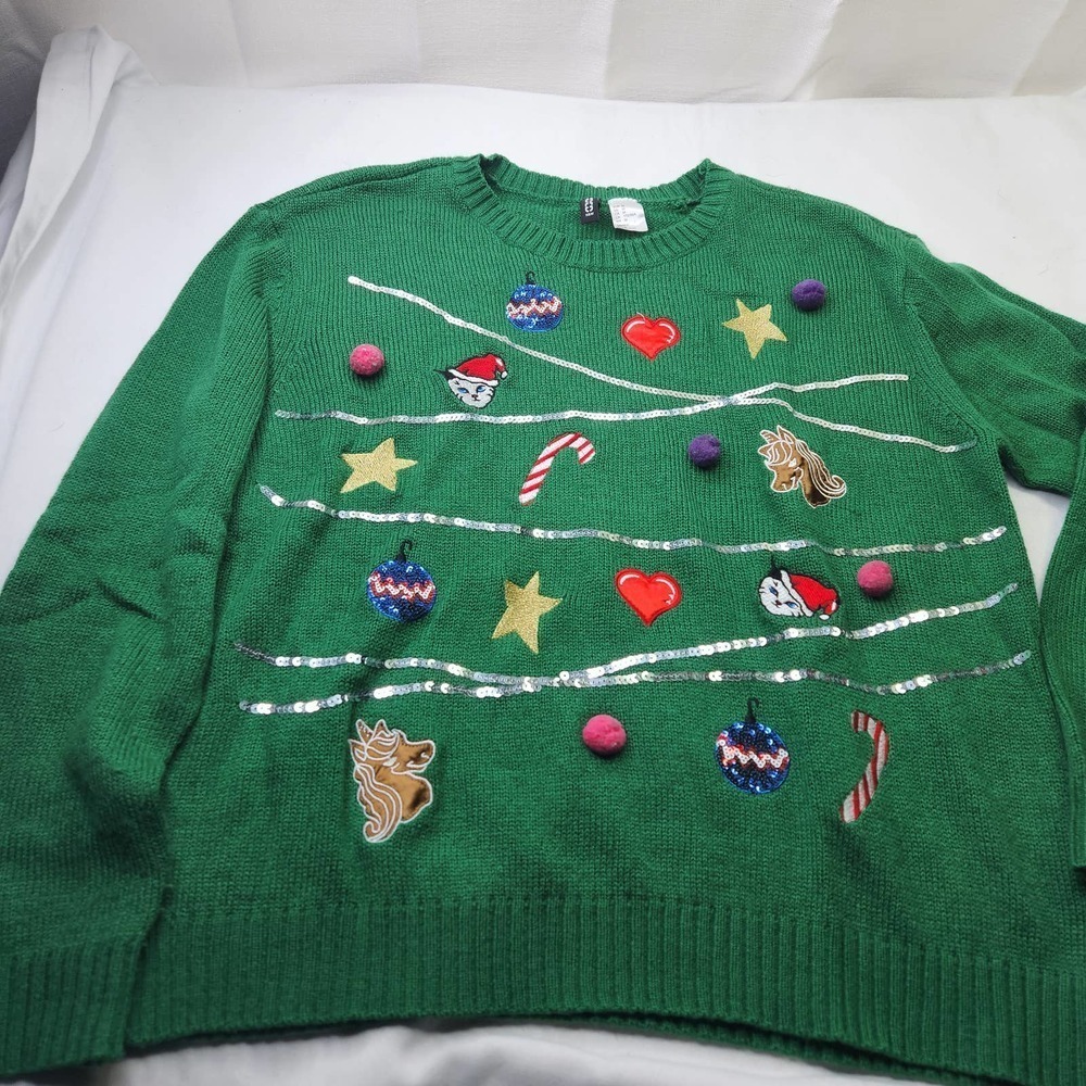 Divided by H&M Christmas Ornament Sweater Womens Size Medium Green Silver Sequin